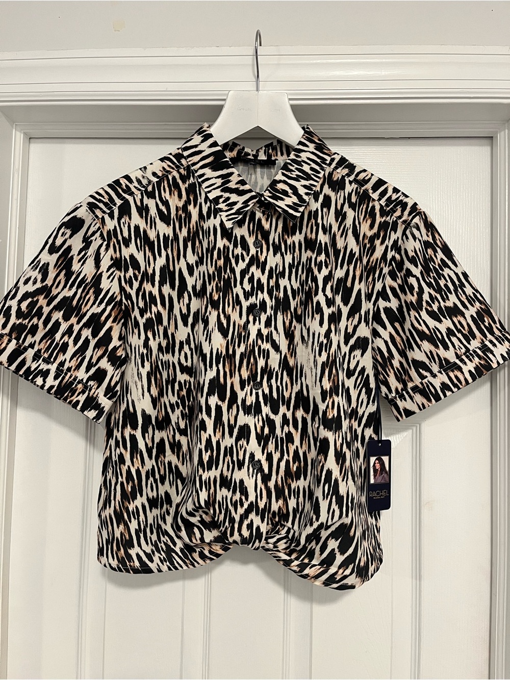 Leopard Print Short-Sleeve Button-Down Top in Black & Cream